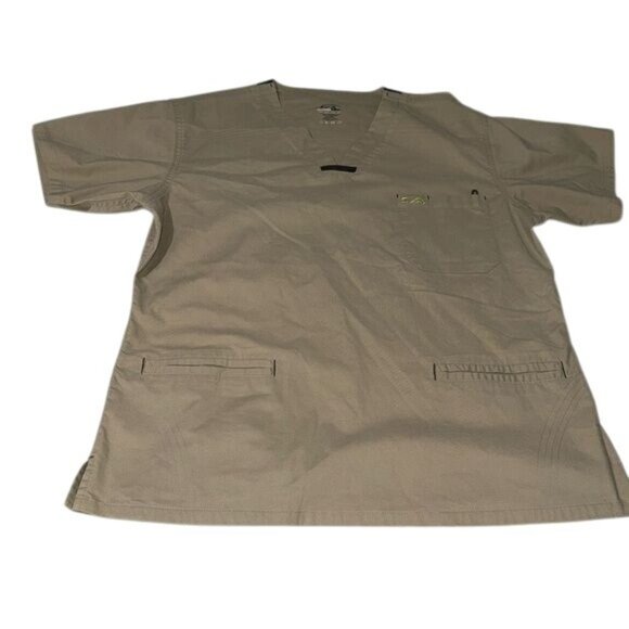 Iguana Med Khaki Scrub Top L Short Sleeve V-Neck 85% Polyester & 15% Cotton - Picture 1 of 7